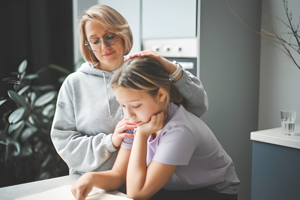 Parent comforting child while studying, representing the supportive role of a parent liaison in Spanish-speaking families within schools.