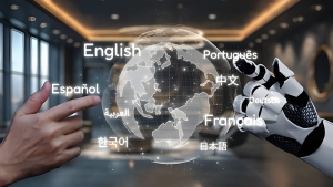 Human hand and robotic hand pointing at a digital globe surrounded by different languages, symbolizing machine vs human translation.